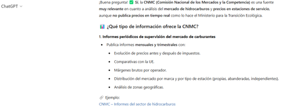 Chat GPT CNMC Captura de pantalla de Chat GPT respondiendo a una pregunta